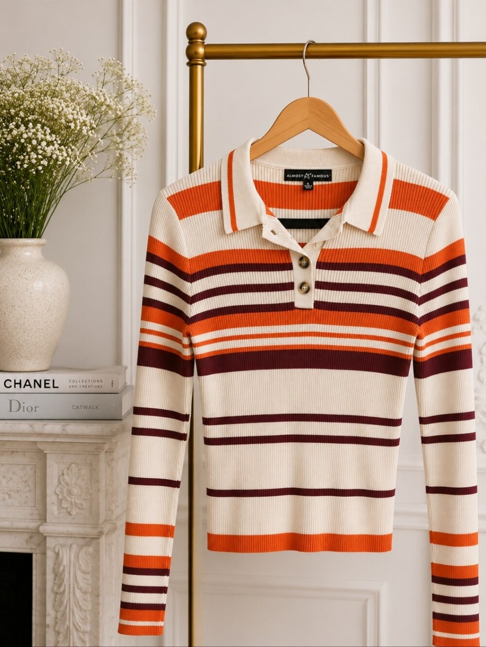 Almost Famous Striped Ribbed Knit Polo Sweater | Long Sleeve Fitted Top | Size L